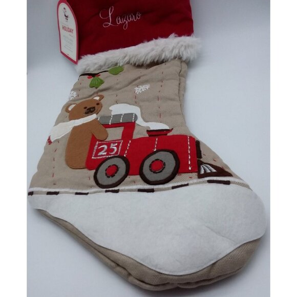 Pottery Barn Kids Lazaro Bear on Train Christmas Stocking Holiday Xmas Quilted - Picture 4 of 10